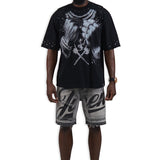 Pressure Makes Kings Black Shirt - Rhinestones, Grey Denim Shorts and Trucker Hat Combo