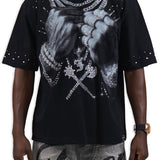 Pressure Makes Kings Black Shirt - Rhinestones, Grey Denim Shorts and Trucker Hat Combo