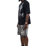 Pressure Makes Kings Black Shirt - Rhinestones, Grey Denim Shorts and Trucker Hat Combo