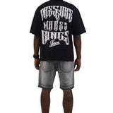 Pressure Makes Kings Black Shirt - Rhinestones, Grey Denim Shorts and Trucker Hat Combo