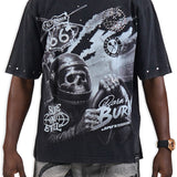Born to Burn Washed Black Shirt - Rhinestones, Grey Denim Jeans and Trucker Hat Combo