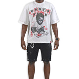 Born For This White Shirt - Rhinestones, Denim Shorts and Trucker Hat Combo