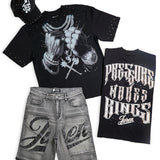 Pressure Makes Kings Black Shirt - Rhinestones, Grey Denim Shorts and Trucker Hat Combo