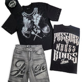 Pressure Makes Kings Black Shirt - Rhinestones, Grey Denim Shorts and Trucker Hat Combo
