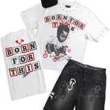 Born For This White Shirt - Rhinestones, Denim Shorts and Trucker Hat Combo