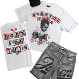 Born For This White Shirt - Rhinestones, Grey Denim Shorts and Trucker Hat Combo