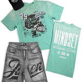 Juren Mindset Mint Shirt - Rhinestones, Grey Denim shorts and Trucker Hat Combo