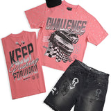 Challenge Yourself Pink Shirt - Rhinestones, Black Denim Shorts and Trucker Hat Combo