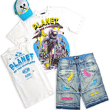 Planet Hustlers White Shirt - Rhinestones, Denim Shorts and Trucker Hat Combo