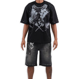 Pressure Makes Kings Black Shirt - Rhinestones, Black Denim Shorts and Trucker Hat Combo