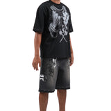 Pressure Makes Kings Black Shirt - Rhinestones, Black Denim Shorts and Trucker Hat Combo
