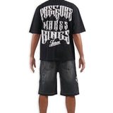 Pressure Makes Kings Black Shirt - Rhinestones, Black Denim Shorts and Trucker Hat Combo