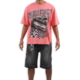 Challenge Yourself Pink Shirt - Rhinestones, Black Denim Shorts and Trucker Hat Combo