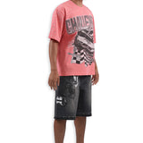 Challenge Yourself Pink Shirt - Rhinestones, Black Denim Shorts and Trucker Hat Combo