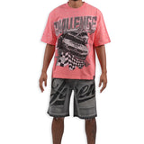 Challenge Yourself Pink Shirt - Rhinestones, Grey Denim Shorts and Trucker Hat Combo