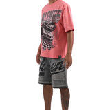 Challenge Yourself Pink Shirt - Rhinestones, Grey Denim Shorts and Trucker Hat Combo