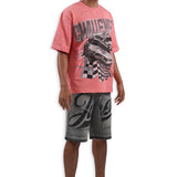 Challenge Yourself Pink Shirt - Rhinestones, Grey Denim Shorts and Trucker Hat Combo