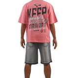 Challenge Yourself Pink Shirt - Rhinestones, Grey Denim Shorts and Trucker Hat Combo