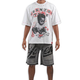 Born For This White Shirt - Rhinestones, Grey Denim Shorts and Trucker Hat Combo