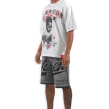 Born For This White Shirt - Rhinestones, Grey Denim Shorts and Trucker Hat Combo