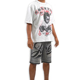 Born For This White Shirt - Rhinestones, Grey Denim Shorts and Trucker Hat Combo