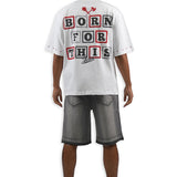 Born For This White Shirt - Rhinestones, Grey Denim Shorts and Trucker Hat Combo