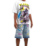 Planet Hustlers White Shirt - Rhinestones, Denim Shorts and Trucker Hat Combo