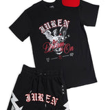 The Dream On Domestic Black Tee, Athletic Shorts and Red Strapback Hat Combo