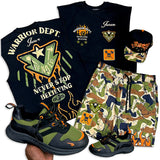 Warrior Dept. Muscle Tee, Warrior Dept. Camo Short, Sneakers and Trucker Hat Combo