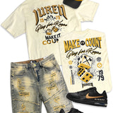 Make It Count Cream Shirt, Denim Jean Shorts, Trucker Hat and Sneakers Combo