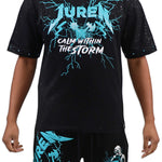 Black t-shirt with teal and white graphics and  bottom text on a white.