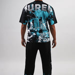 Man wearing a black t-shirt and sweat pants with teal & white graphics on a white background