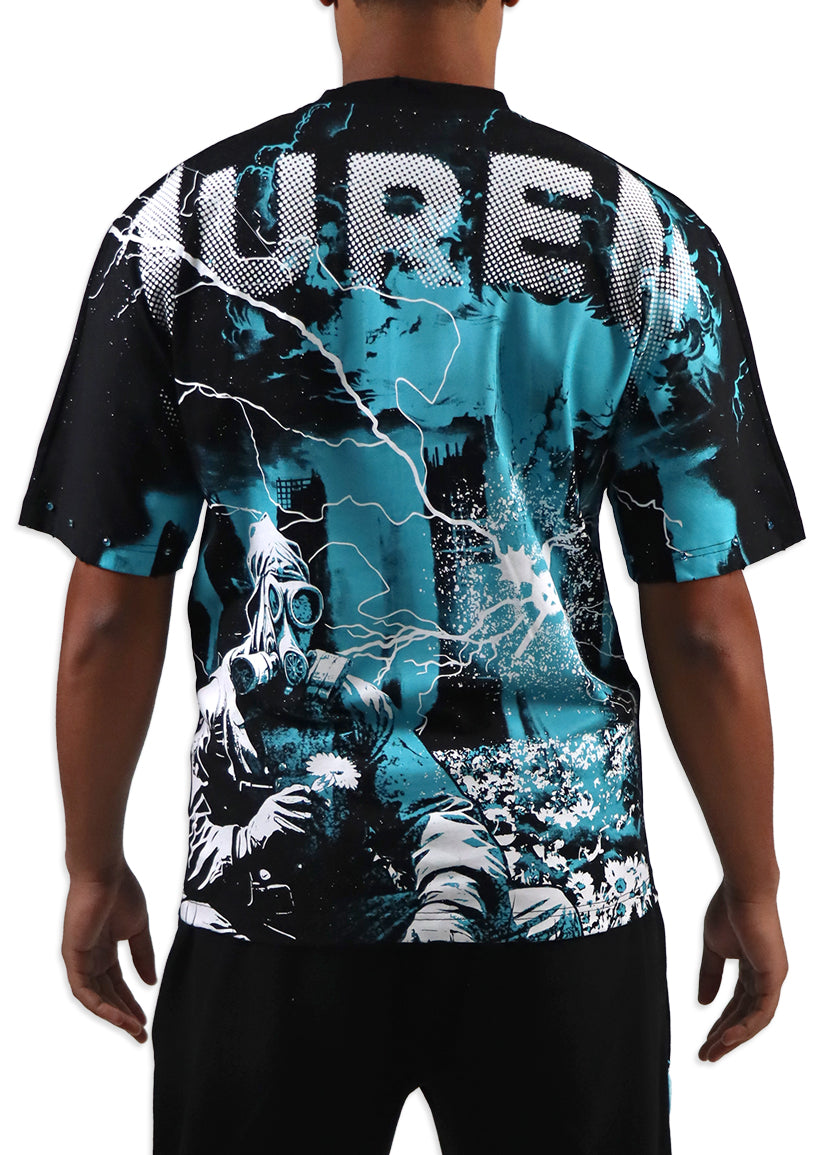 T-shirt with a graphic design of a person in a gas mask and text on the back, worn by a person.