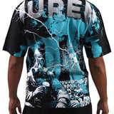 T-shirt with a graphic design of a person in a gas mask and text on the back, worn by a person.