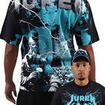 Person wearing a black t-shirt with a graphic design and text, standing next to another person wearing a cap.