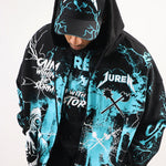 Person wearing a black hoodie with teal and white graphics and text, including the brand 'Juren'.