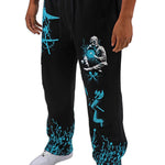 Black sweatpants with teal graphics and a person wearing them on a white background