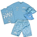 Design Dept T-Shirt Frost Blue, AOP  Silk Shorts and Bucket Hat Combo