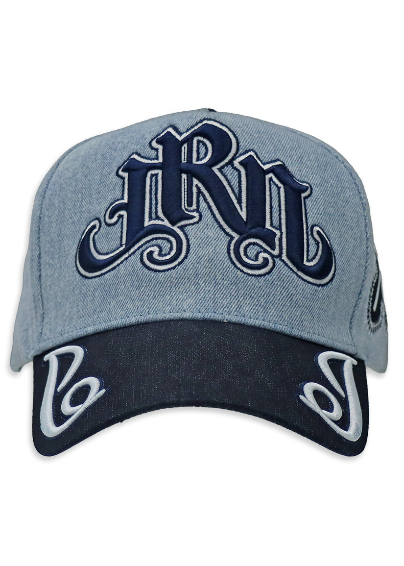 Light Blue Denim hat and navy visor with decorative text "JRN" Juren logo in Navy Embroidery on a Denim Background