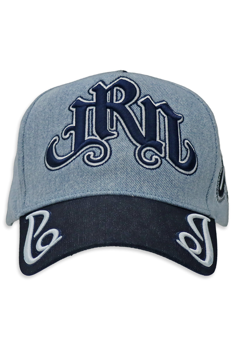 Light Blue Denim hat and navy visor with decorative text "JRN" Juren logo in Navy Embroidery on a Denim Background