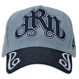 Light Blue Denim hat and navy visor with decorative text "JRN" Juren logo in Navy Embroidery on a Denim Background