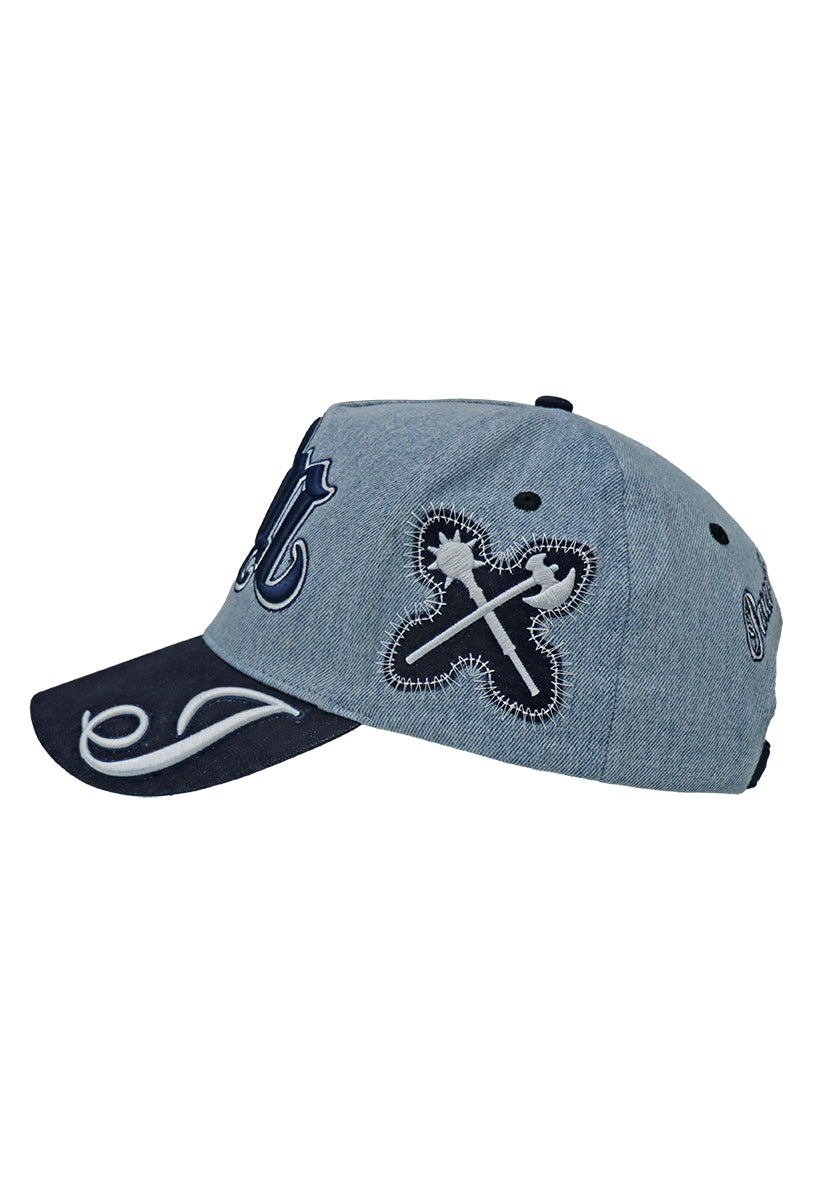 Light Blue Denim hat and navy visor with decorative text "JRN" Juren logo in Navy Embroidery on a Denim Background