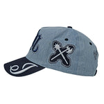 Light Blue Denim hat and navy visor with decorative text "JRN" Juren logo in Navy Embroidery on a Denim Background