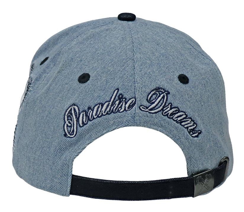 Light Blue Denim hat and navy visor with decorative text "JRN" Juren logo in Navy Embroidery on a Denim Background. In the back Paradise Dream in White embroidery and navy stitch outline.
