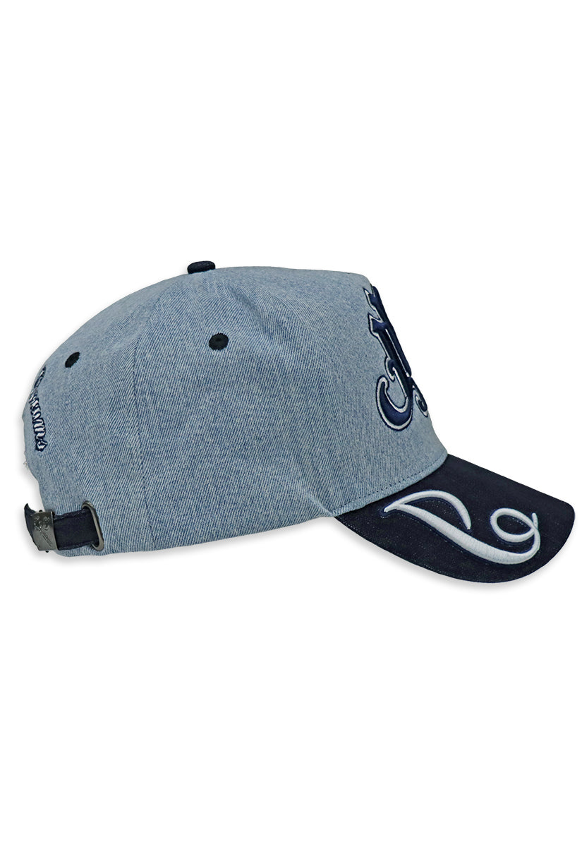 Light Blue Denim hat and navy visor with decorative text "JRN" Juren logo in Navy Embroidery on a Denim Background