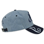 Light Blue Denim hat and navy visor with decorative text "JRN" Juren logo in Navy Embroidery on a Denim Background