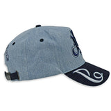 Light Blue Denim hat and navy visor with decorative text "JRN" Juren logo in Navy Embroidery on a Denim Background