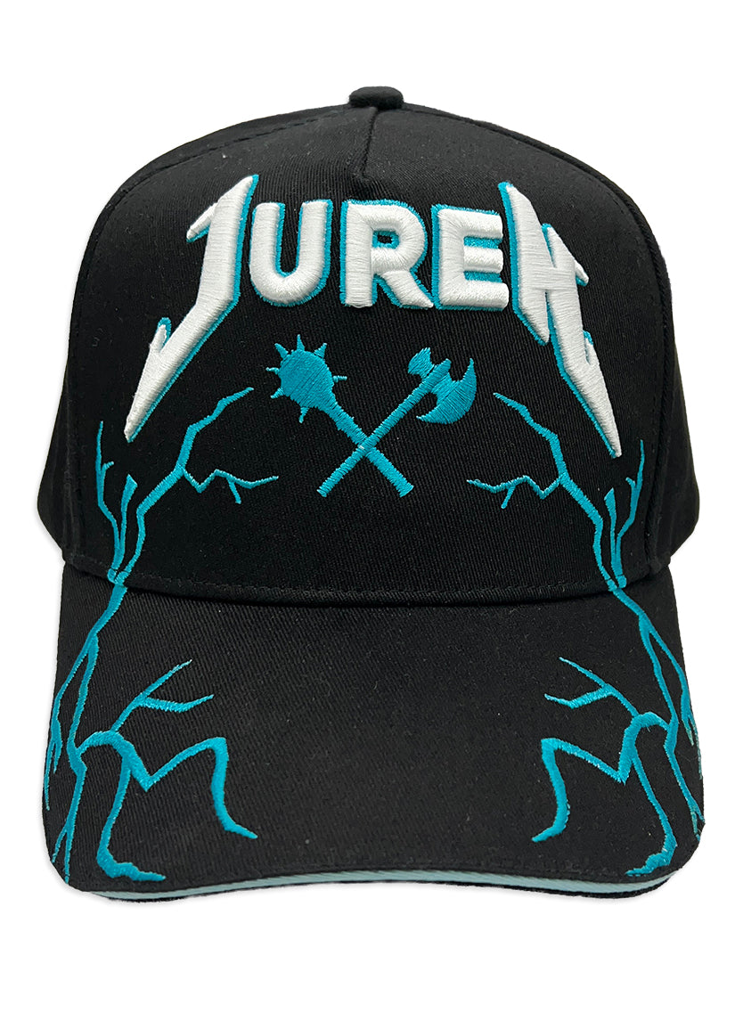 Black cap with 'Juren' logo in white and teal puff embroidered and teal lightning on visor