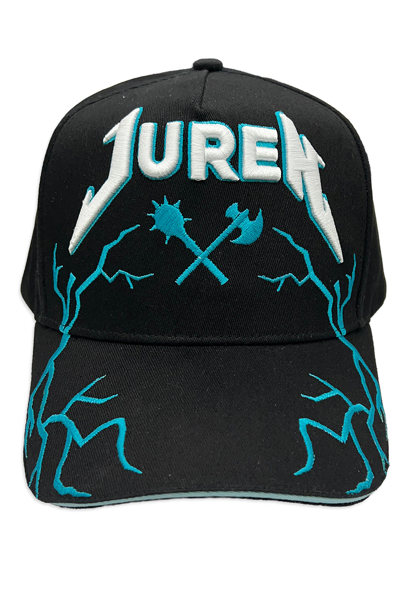 Black cap with 'Juren' logo in white and teal puff embroidered and teal lightning on visor