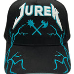Black cap with 'Juren' logo in white and teal puff embroidered and teal lightning on visor